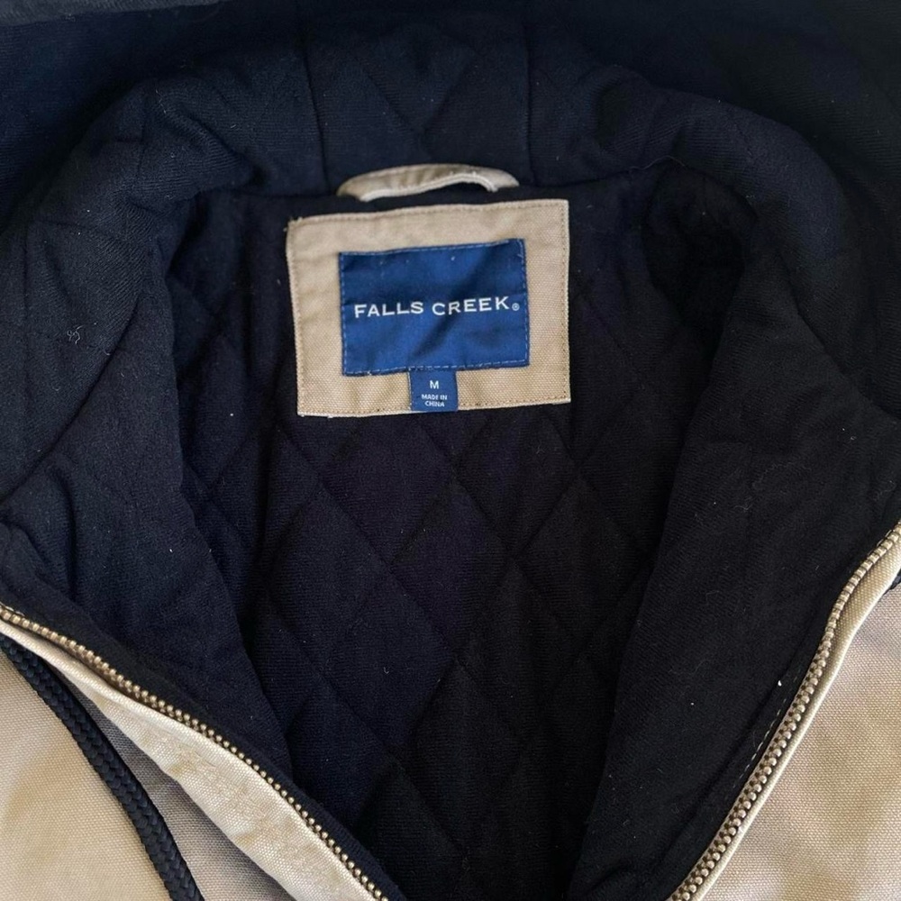 Vintage Falls Creek Tan Canvas Hooded Work Jacket M Workwear Chore Zippered - Picture 7 of 8